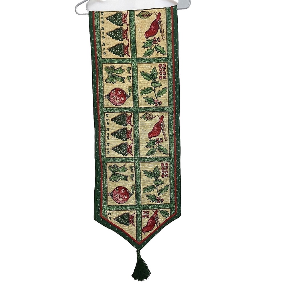 Christmas Tapestry Table Runner‎ Cardinal Birds Ornaments Trees Holiday 5' 8" L